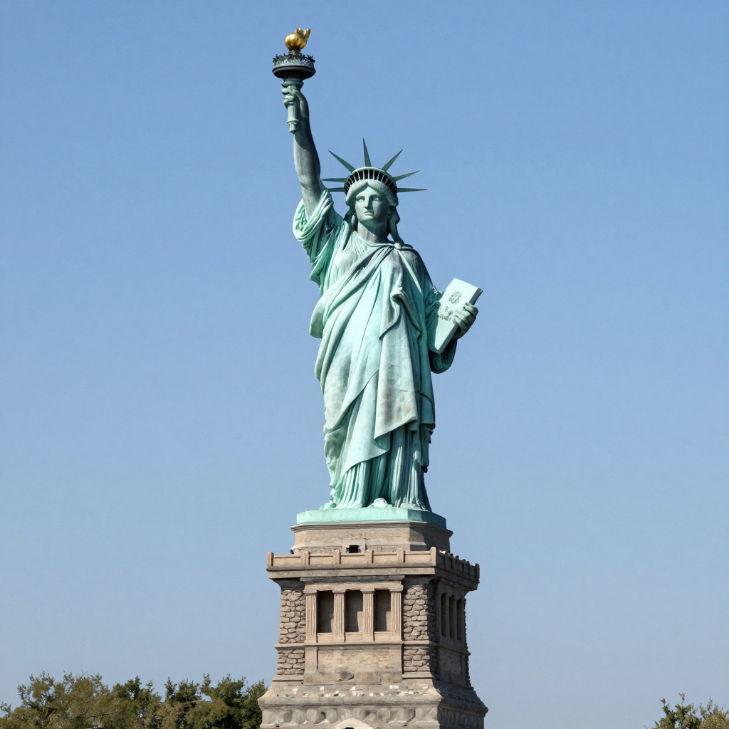 The Statue of Liberty on her island pedestal, with correct t