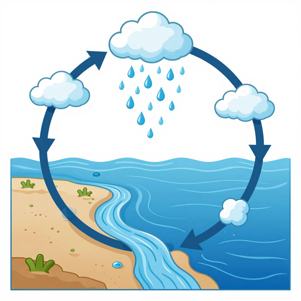 A detailed diagram of the water cycle showing evaporation fr
