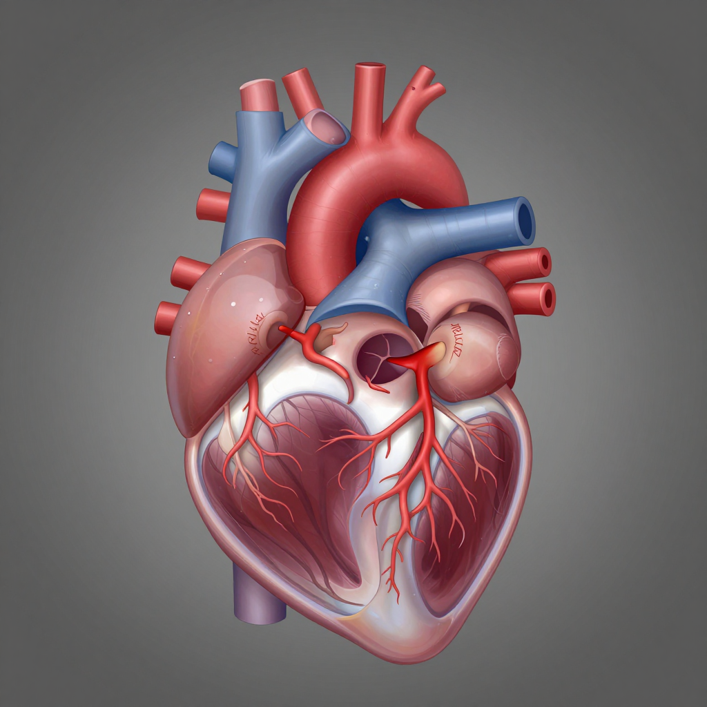 An anatomical illustration of the human heart showing four c