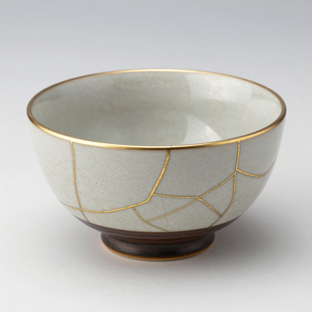 A Japanese kintsugi bowl — cracked ceramic repaired with vis